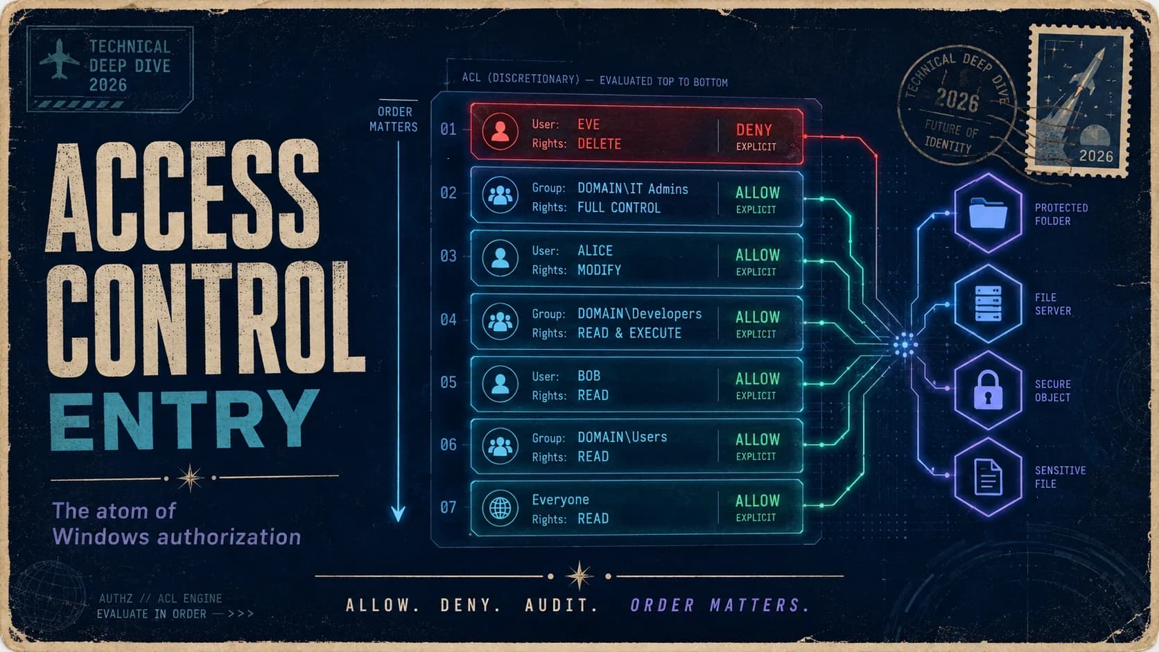 Retro-futurist technical poster titled Access Control Entry, the atom of Windows authorization — a discretionary ACL evaluated top to bottom with an explicit deny entry in red at position one above ordered allow entries for admins, developers, and users, and traces linking the ordered list to protected folder, file server, secure object, and sensitive-file icons.