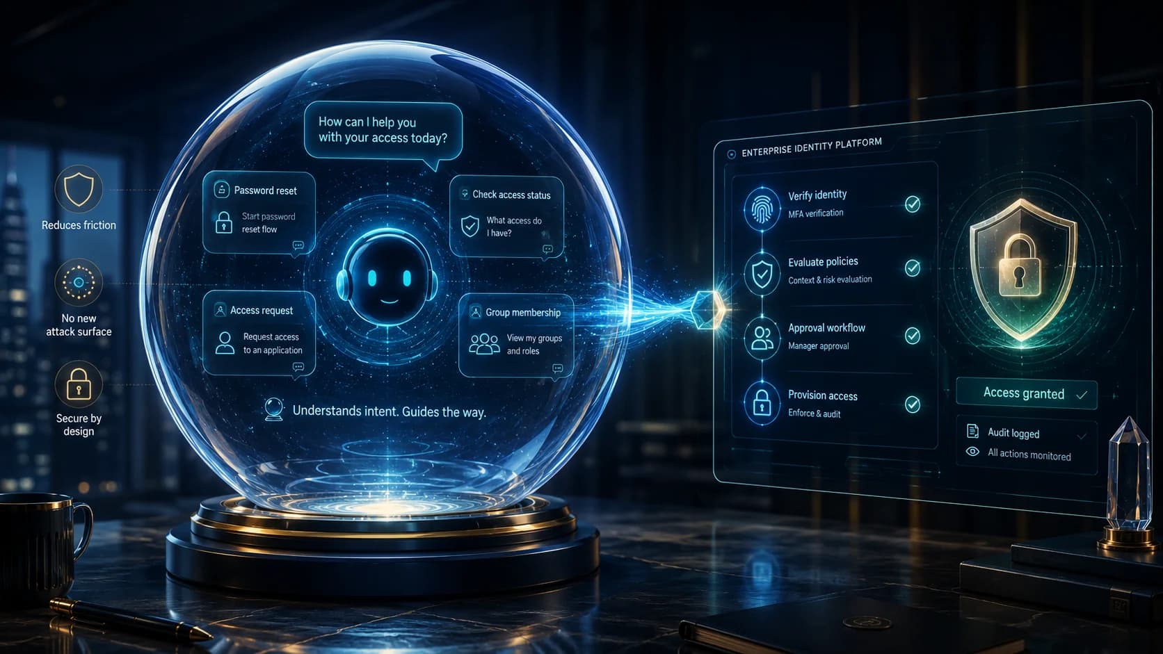 AI virtual assistants for identity management 2026 enterprise reference — conversational identity architecture where the language model handles intent understanding and workflow navigation while identity verification, authorization, and execution stay in the identity platform outside the model's control. Covers the four workflows worth deflecting to chat (password reset, access requests, access status inquiries, and group membership changes), the prompt-injection and social-engineering attack surface a naive chatbot deployment opens, the verification-outside-the-model design rule, and the deflection math against the $480-per-employee-per-year password support baseline.
