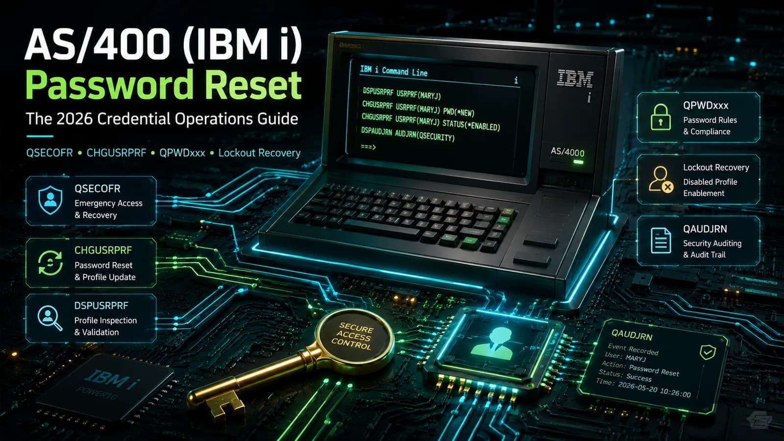 Title card for the 2026 AS/400 (IBM i) password reset guide: a green-screen IBM i command line showing CHGUSRPRF and DSPUSRPRF on a dark circuit-board background, a gold key marked secure access control, and labeled cards for the QSECOFR security officer, the QPWDxxx password rules, disabled-profile lockout recovery, and QAUDJRN audit journaling.