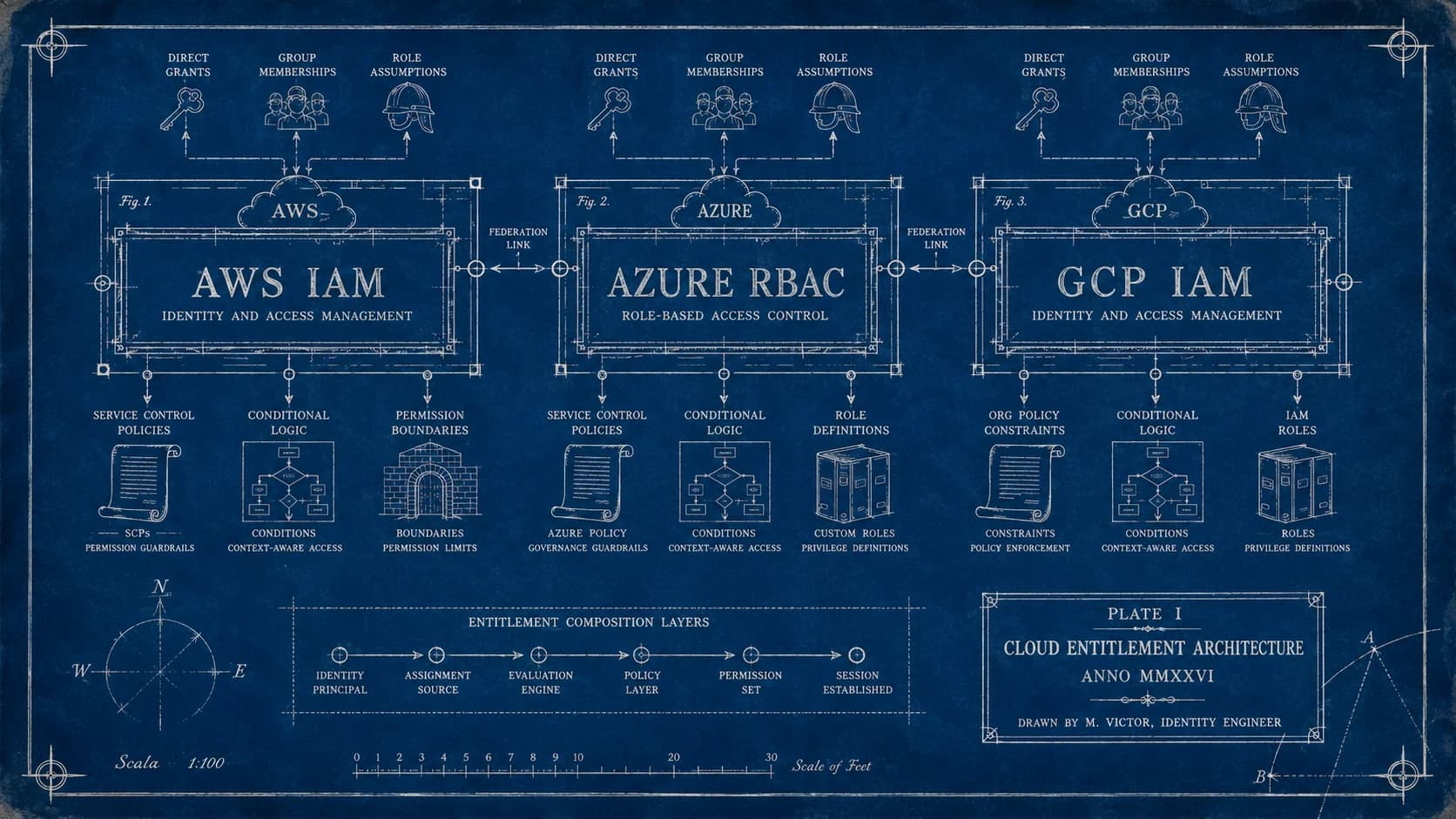 CIEM cloud infrastructure entitlement management 2026 — the analyst category that handles cloud-specific entitlement complexity (AWS IAM, Azure RBAC, GCP IAM), the four CIEM evaluation domains (effective-permission visibility, least-privilege baselining, machine-identity governance, multi-cloud federation), the mid-2026 vendor landscape (Wiz, Microsoft Entra Permissions Management, Permiso, Sonrai, Saviynt, Authomize, Tenable Cloud Security), the architectural composition with IGA + PAM + ISPM, and the operational reality of governing cloud entitlements at the scale that traditional IGA platforms weren't built for.