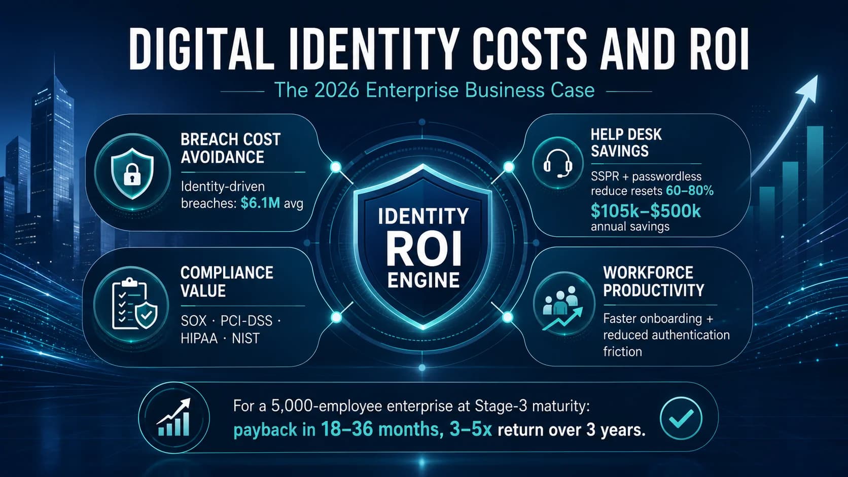 Digital identity costs and ROI 2026 enterprise business case — the four ROI categories (breach cost avoidance modeled against IBM Cost of a Data Breach report at $4.9M average with identity-driven breaches costing $6.1M, help desk savings at $105k-$500k annually from SSPR and passwordless deployment, compliance value from SOX / PCI-DSS / HIPAA / NIST framework alignment, workforce productivity gains from lifecycle automation and reduced authentication friction), the maturity-ladder curve showing where returns compound, the common ROI framing mistakes that undersell mature IAM investment, and the defensible business case for enterprise identity funding.