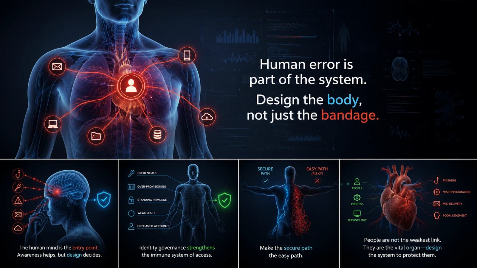 Dark anatomical illustration of a translucent human figure lit with red stress points and ringed by security icons — email, phone, cloud, database — beside the headline 'Human error is part of the system: design the body, not just the bandage.' Small supporting panels frame identity governance as the immune system of access: a 2026 view of human error as a design problem, not individual blame.