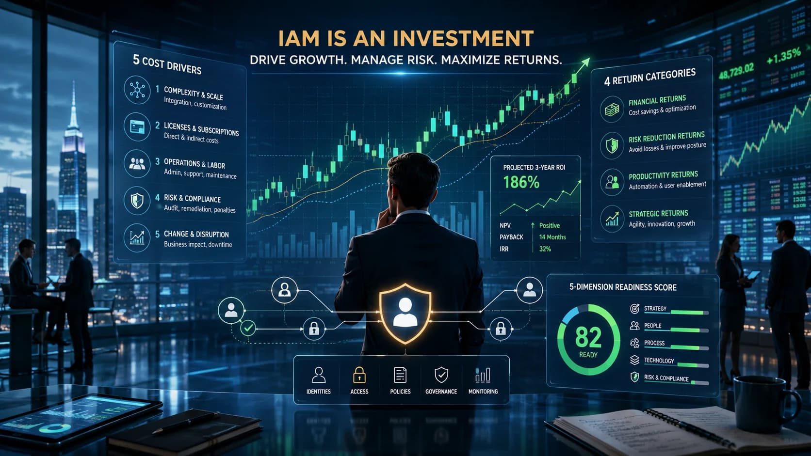 IAM costs and investment readiness 2026 enterprise reference — the five cost drivers of identity and access management investment (licensing, implementation and professional services, infrastructure, ongoing operations, and hidden compliance surface), the four return categories that justify the spend (help desk reduction, breach risk reduction, audit and compliance efficiency, workforce productivity), and the five-dimension readiness assessment covering identity data quality, ownership model, process maturity, integration surface, and executive sponsorship that predicts whether an enterprise realizes IAM ROI or joins the stalled-program statistics.