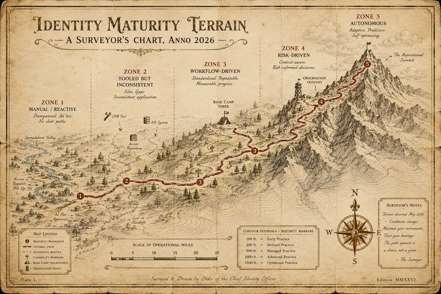 Identity maturity model enterprise 2026 — the five-stage maturity ladder from manual reactive operations at Stage 1, through tooled inconsistent at Stage 2, workflow-driven at Stage 3, risk-driven at Stage 4, and autonomous AI-augmented at Stage 5; the self-assessment criteria that locate organizations on the ladder; the operational moves that advance stages; and the business case for the most common transition, Stage 2 to Stage 3.