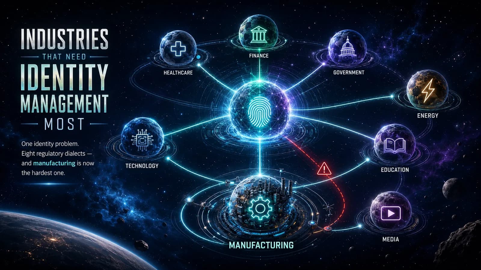 Space-themed hero illustration titled 'Industries That Need Identity Management Most,' showing eight industry planets — healthcare, finance, government, energy, education, media, technology, and manufacturing — orbiting a central glowing fingerprint identity core, connected by luminous cyan and green threads, with a red dashed line marking the ungoverned path down to manufacturing.