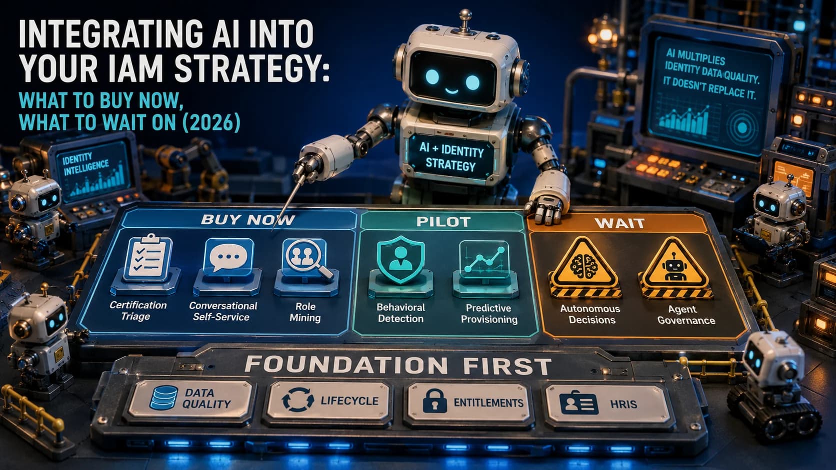 Integrating AI into IAM strategy 2026 executive roadmap — the buy-now tier of AI capabilities with clear mechanisms and near-term payback (certification triage that ranks reviewer attention by anomaly, conversational self-service that deflects help desk tickets, and role mining that proposes candidate roles from observed access patterns), the pilot tier requiring careful scoping (behavioral detection and predictive provisioning), the wait tier where vendor claims outrun delivery (autonomous access decisions and agent governance), the five-dimension readiness test that determines whether AI produces value or an expensive description of an existing mess, and the sequencing rule that AI multiplies identity data quality rather than substituting for it.