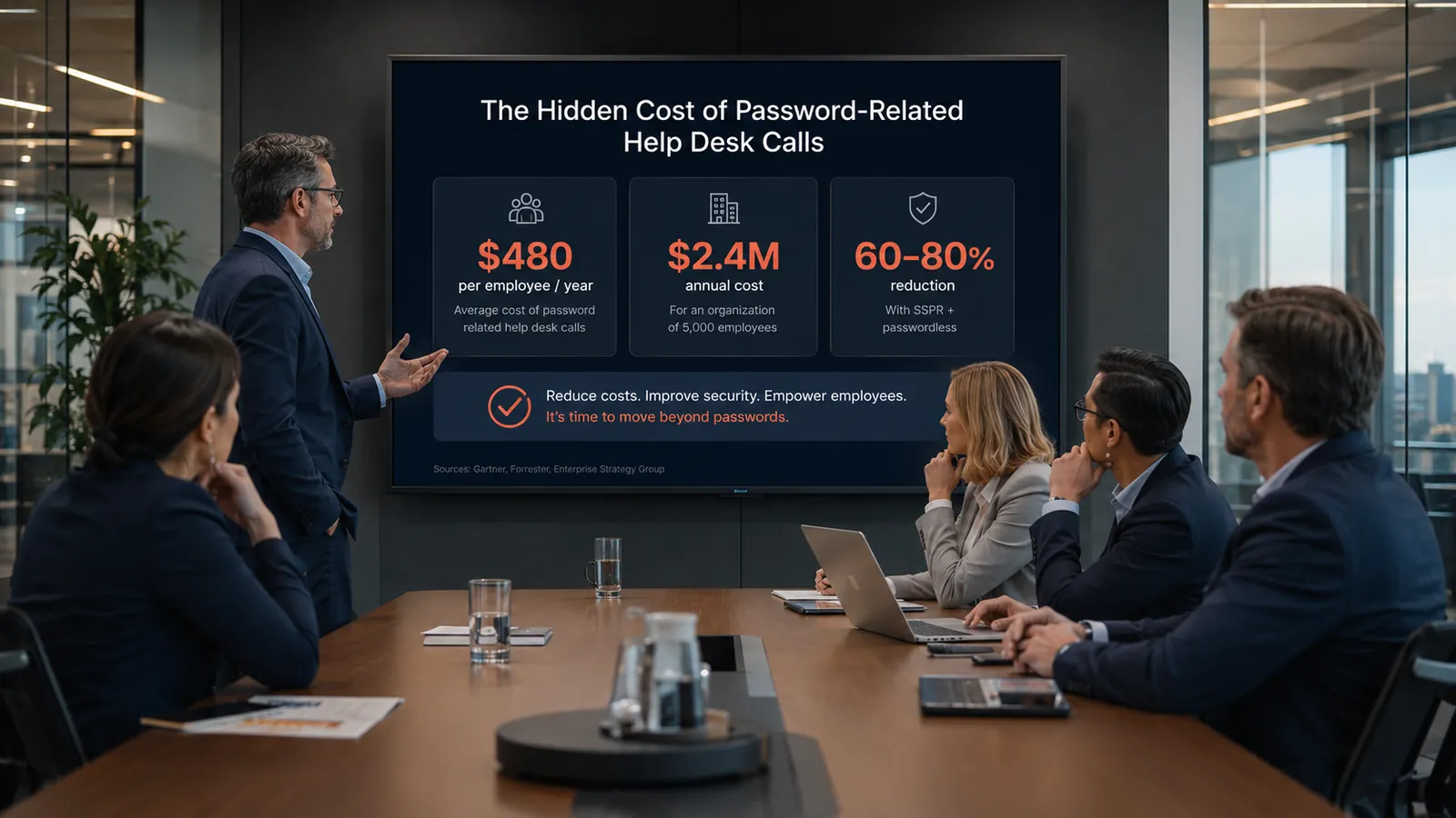 Password help desk cost analysis 2026 enterprise reference — the $480 per employee per year baseline cost that dominates IT operational spend at scale, the specific cost components (help desk labor at $70 per ticket including workflow overhead, workforce productivity loss at 15-30 minutes per incident, opportunity cost of help desk labor freed up for higher-value work), the volume drivers that scale the number by industry (workforce turnover, password policy complexity, credential silo count, seasonal populations), the SSPR and passwordless architectural interventions that reduce ticket volume 60-80%, and the CFO-defensible ROI model showing 18-36 month payback and 3-5x returns on SSPR + passwordless deployment investment.