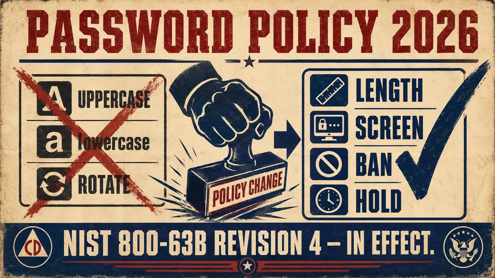 Password policy for enterprise authentication 2026 — the NIST 800-63B Rev. 4 reference (finalized 2025) that dismantles composition rules and periodic-reset mandates and codifies the modern discipline of length over complexity, breach-corpus screening, banned-list enforcement, and no forced periodic rotation absent evidence of compromise, the AAL1/2/3 assurance level mapping that determines which authenticator patterns satisfy which use cases, the enforcement architecture that composes password validation with adaptive MFA triggers and rate limiting, the migration path from the legacy composition-rule policy every enterprise still carries, and the operational reality that most password compromises today happen through phishing and credential reuse rather than through the brute-force attacks the legacy policies were designed to prevent.