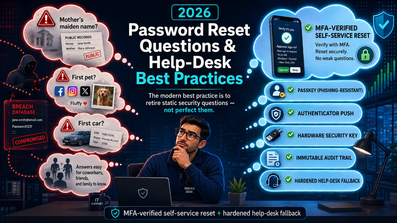 Title card for a 2026 guide to password reset questions and help-desk best practices: a person at a service desk weighs weak static security questions — mother's maiden name, first pet, first car, shown as red thought bubbles tied to public records and a breach database — against a green column of stronger controls: MFA-verified self-service reset, passkeys, and authenticator push.