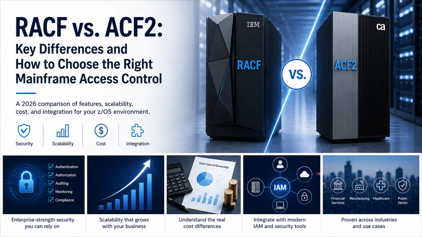 Side-by-side comparison of IBM RACF and ACF2 — two mainframe access control systems compared across security features, scalability, and cost.