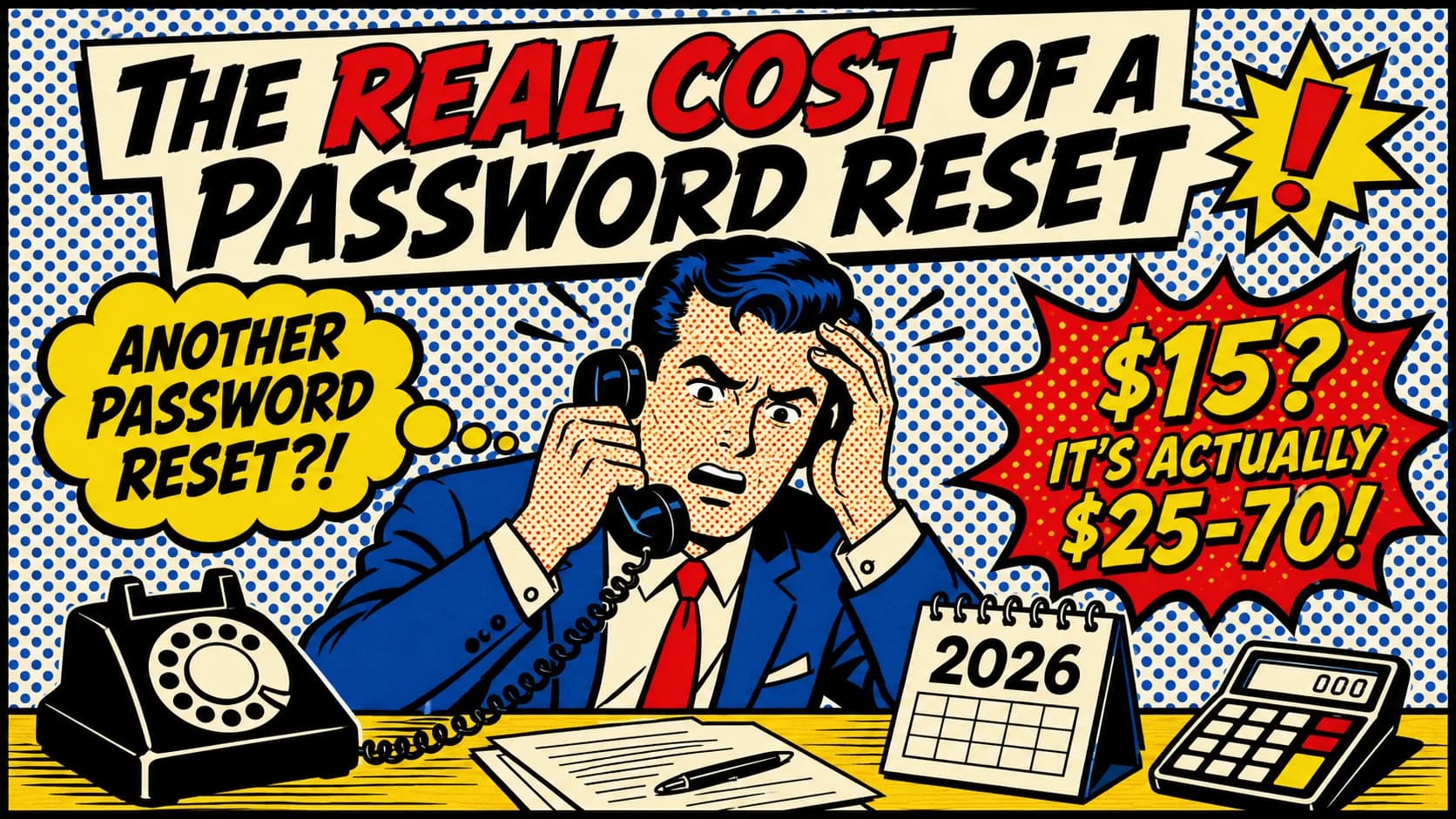 The real cost of a help desk password reset 2026 — the $15-per-reset legacy figure that's been quoted for two decades and substantially undercounts the true cost, the five cost components that make up the actual per-reset price (direct labor, lost employee productivity, security amplification risk, SLA opportunity cost, infrastructure overhead), the Gartner-cited 40% password-related call volume, the Forrester-cited $25 average ticket cost, and the 70% reduction Avatier customers report when password reset automation is properly deployed.