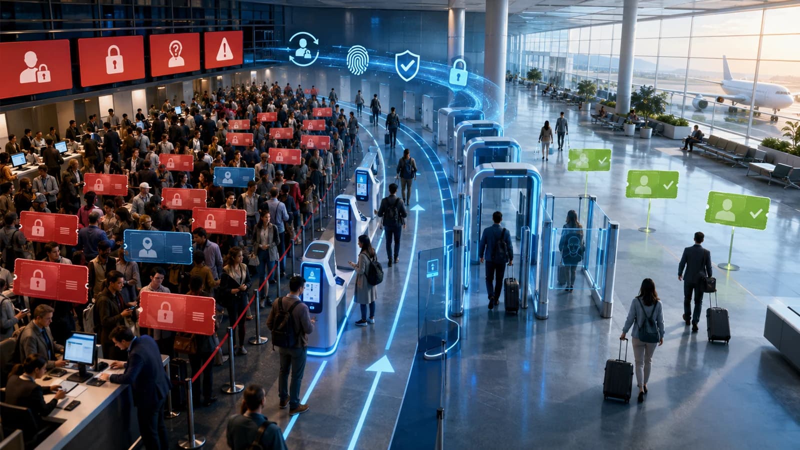 Photorealistic wide shot of a busy airport-style security hall as a metaphor for a help desk under load: long queues of travelers tagged with red lock and alert icons stream toward self-service kiosks and gates, where green check icons mark identities resolving themselves — the 2026 pattern of cutting password-reset tickets by shifting resets to self-service.