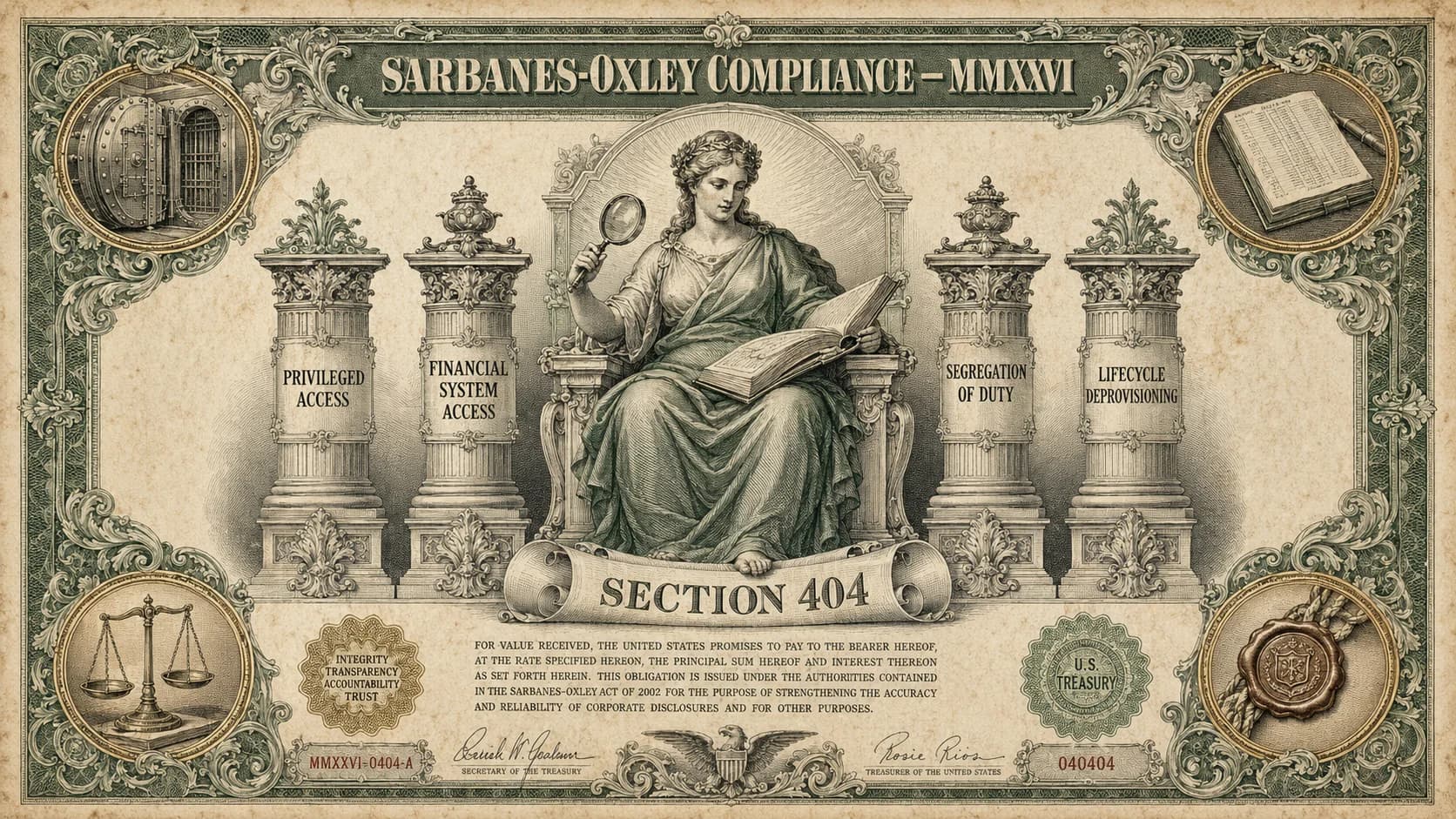 SOX compliance IAM access controls 2026 — the four Section 404 access-control domains auditors probe (privileged access, financial-system access, segregation of duty, lifecycle deprovisioning), the five reports auditors ask for at every audit cycle, the architecture that generates them continuously rather than at quarter-end scramble, and the Trust Center-safe compliance posture Avatier maintains that supports customer SOX programs.