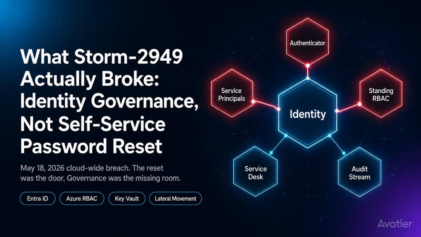 A breached cloud identity control plane — Entra ID authenticator registration, Azure RBAC, Key Vault, and SQL surfaces reached through a single missing governance moment in the joiner/mover/leaver lifecycle.