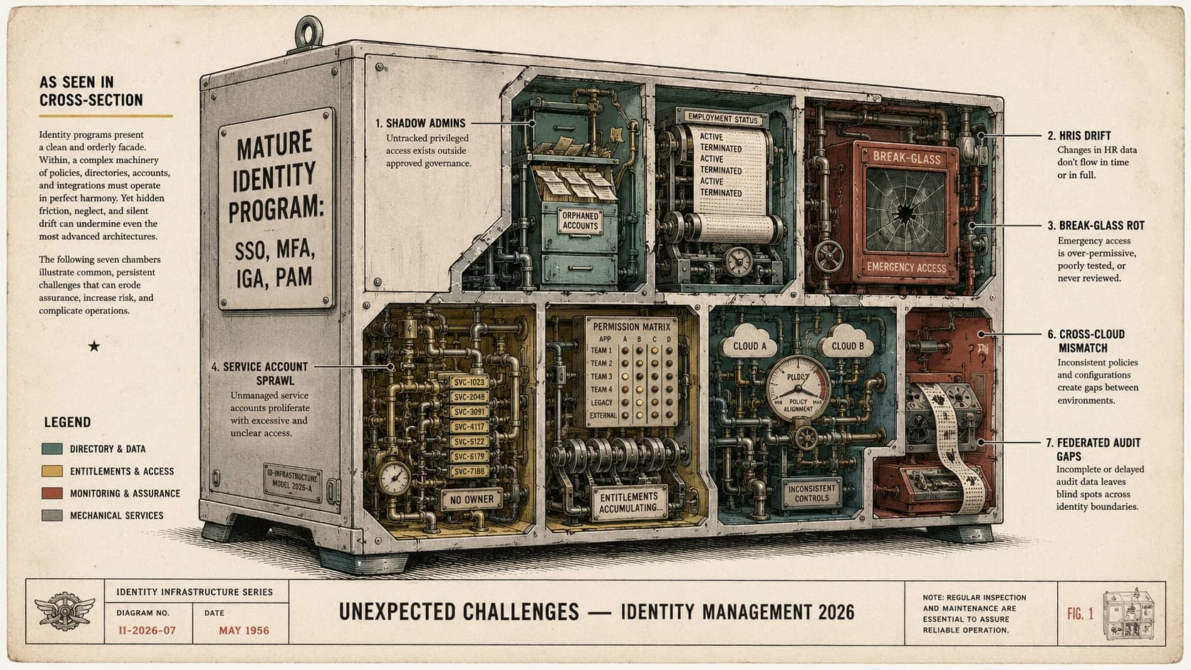 The unexpected challenges of identity management 2026 — the seven hidden failure modes that undermine mature enterprise identity programs after the obvious controls are deployed (SSO live, MFA enforced, IGA operational, PAM covering privileged accounts): shadow admins that inherit privilege through nested groups nobody audits, HRIS-drift orphan accounts where the identity system trusts a source of truth that has itself drifted, break-glass credential rot where the emergency-access accounts are rarely tested and quietly become the highest-value targets in the environment, service account sprawl where non-human identities outnumber human identities and receive almost no governance attention, permission drift over time where accumulated entitlements from role changes and project assignments are never pruned, cross-cloud entitlement mismatch where the same user has fundamentally different permission profiles across AWS/Azure/GCP because no unified CIEM layer normalizes them, and federated audit-trail gaps where the authentication events split across identity providers and never reconstruct end-to-end. Diagnostic patterns and remediation architecture for each.