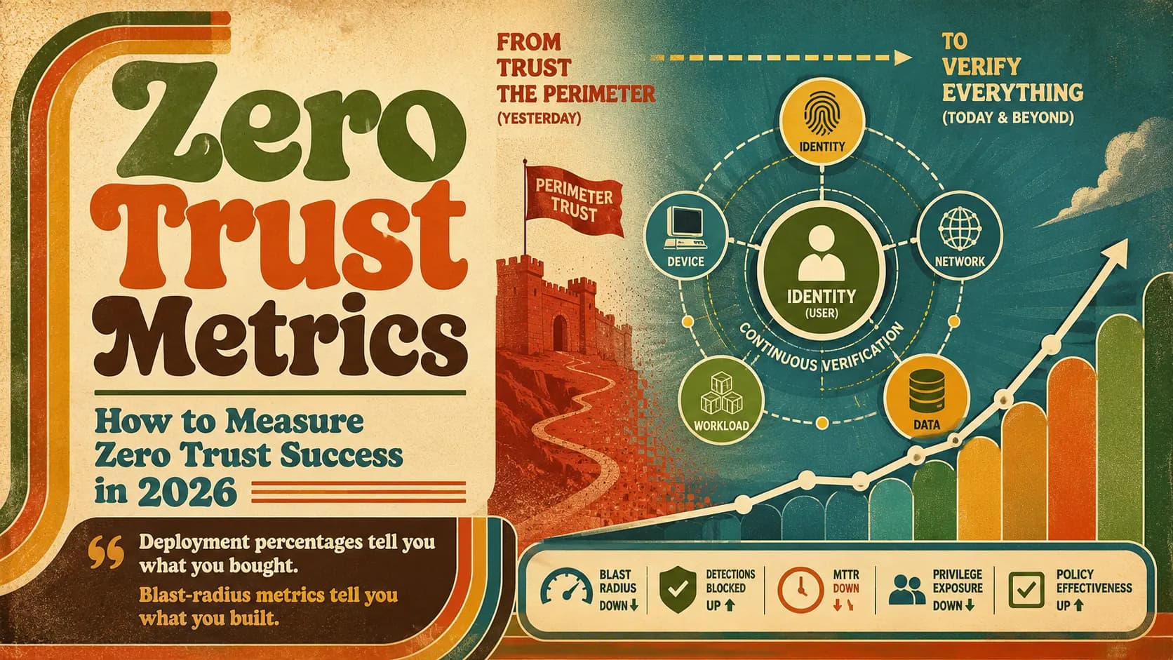 Retro-poster title card reading Zero Trust Metrics, How to Measure Zero Trust Success in 2026: the shift from perimeter trust, drawn as a red hillside fortress, to continuous verification with identity at the center of a ring linking device, network, workload and data, above a strip tracking blast radius, detections blocked, mean time to respond and policy effectiveness.